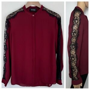 The Kooples Burgundy Button Down Blouse with Black Lace Sleeves Women's Size S